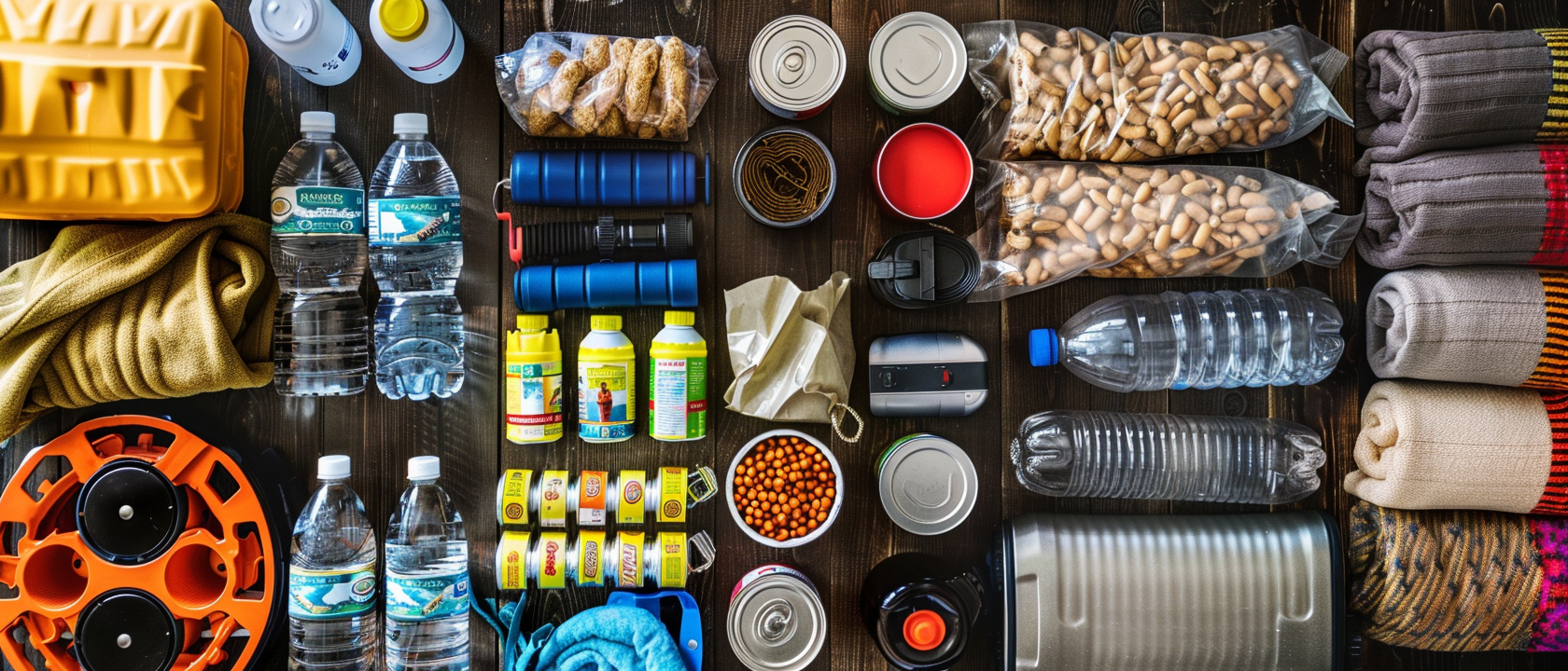 Family emergency kit supplies spread out