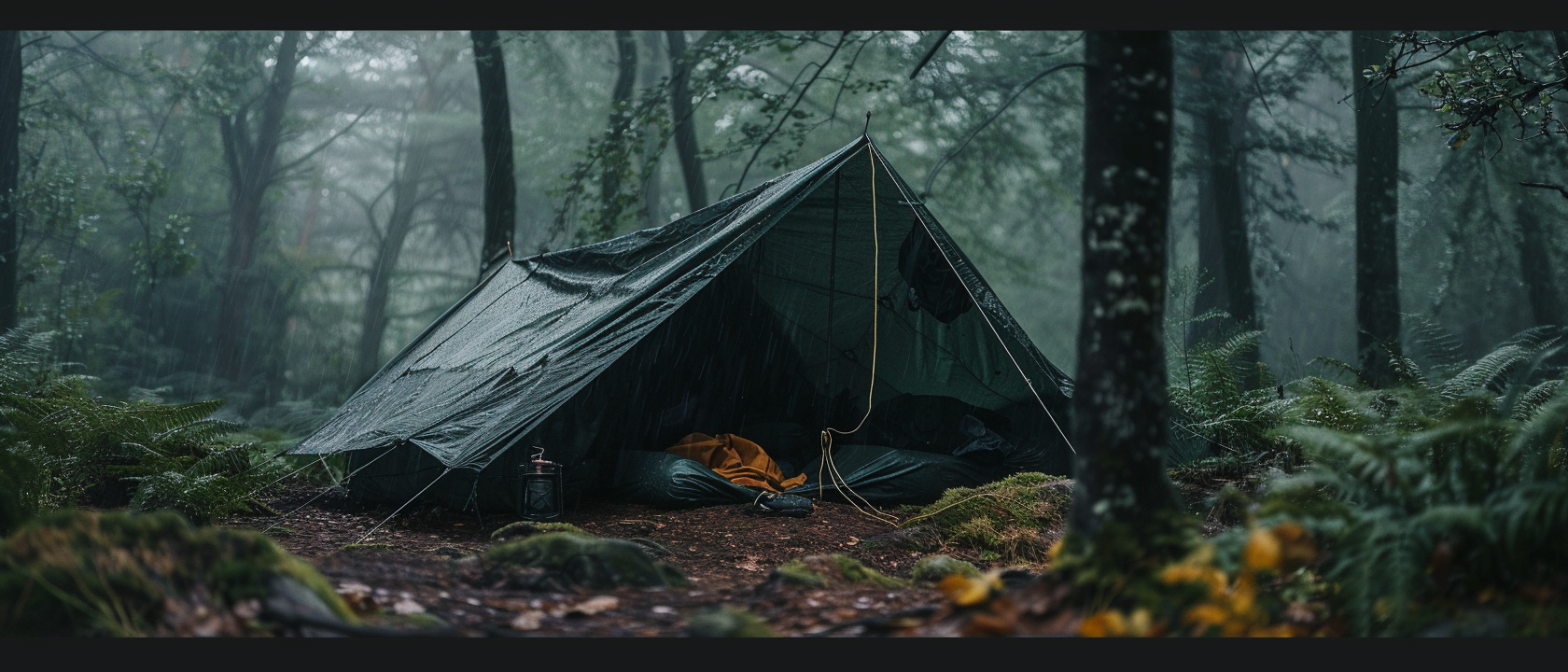 Emergency tarp shelter setup in forest