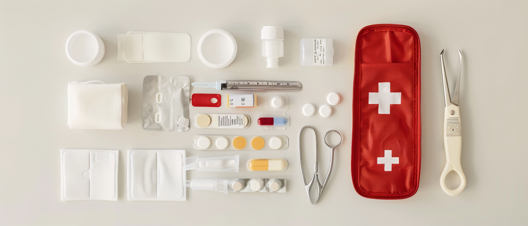 Open first aid kit with organized medical supplies