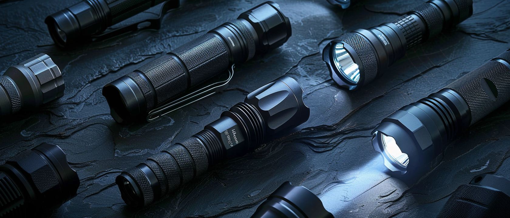 Collection of tactical flashlights with dramatic lighting