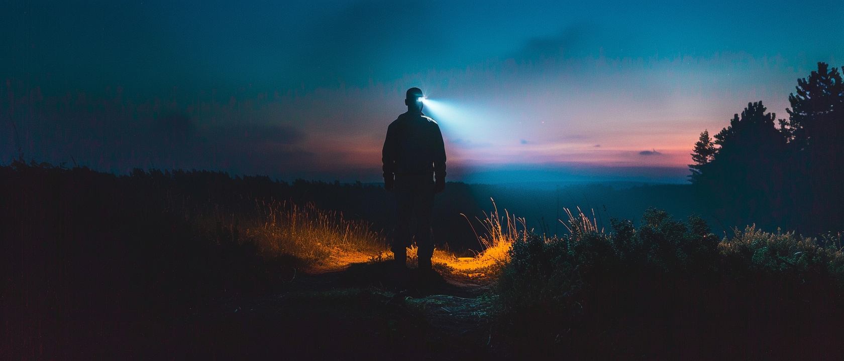 LED headlamp illuminating a dark trail