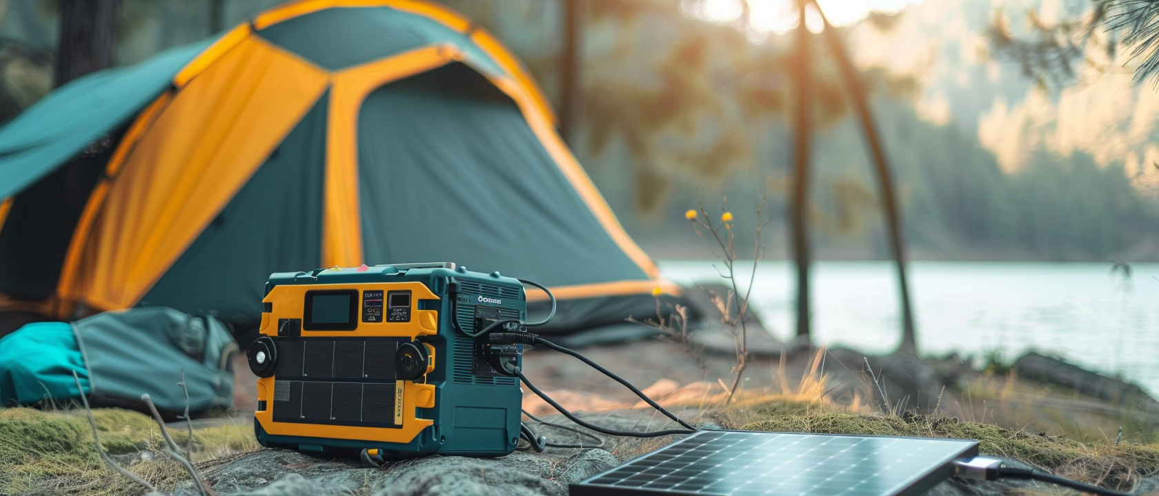 Portable power station with solar panel outdoors