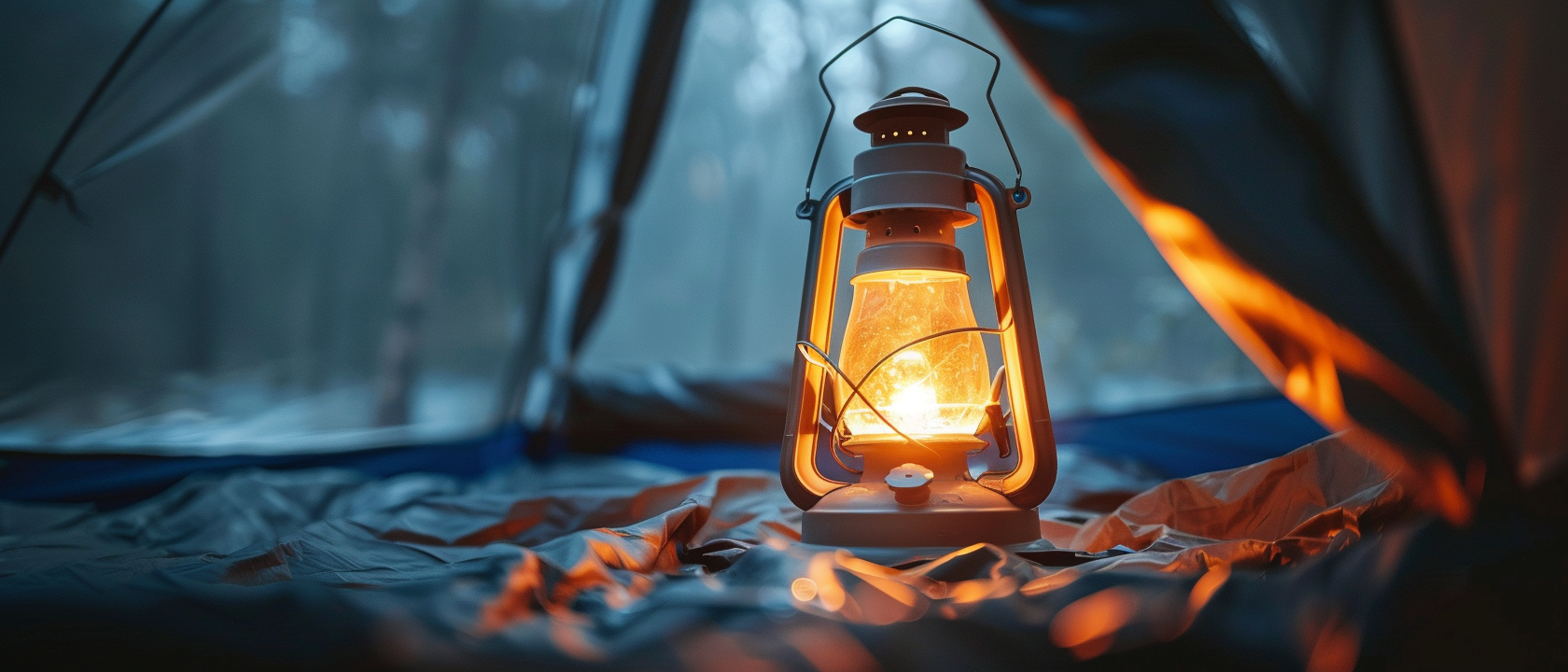 LED camping lantern glowing in dark tent
