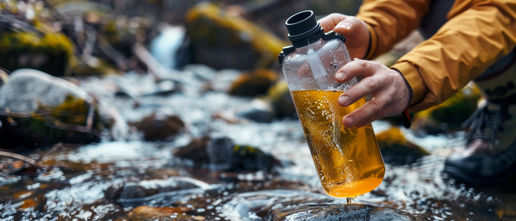 Portable water filter filtering water from a stream