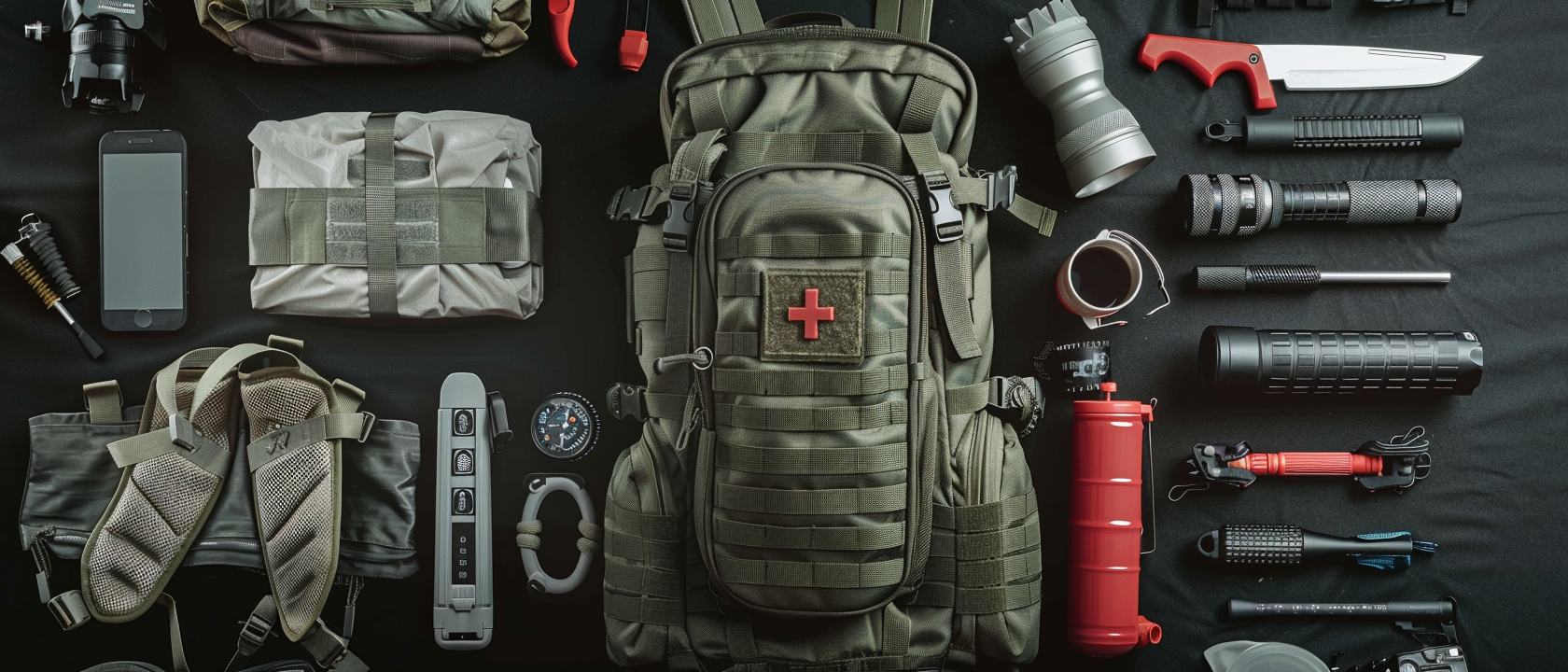 Tactical backpack with survival gear arranged around it