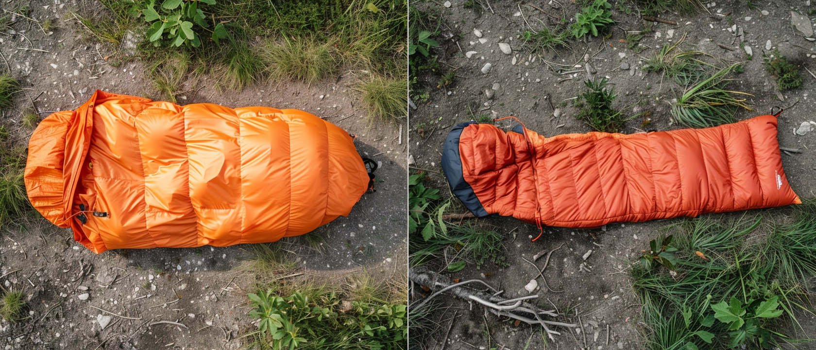 Emergency bivvy and sleeping bag side by side comparison