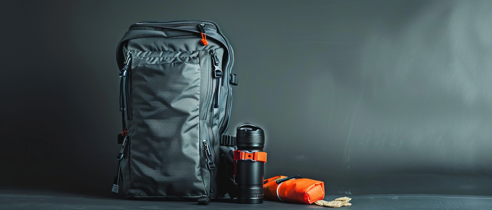 Compact gray backpack with urban EDC gear