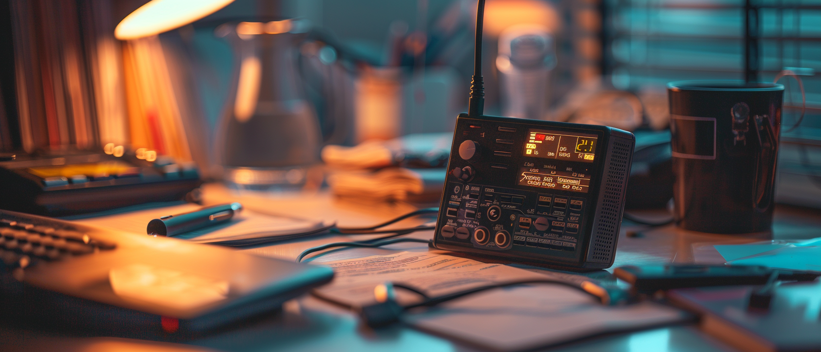 Handheld ham radio on desk with study materials