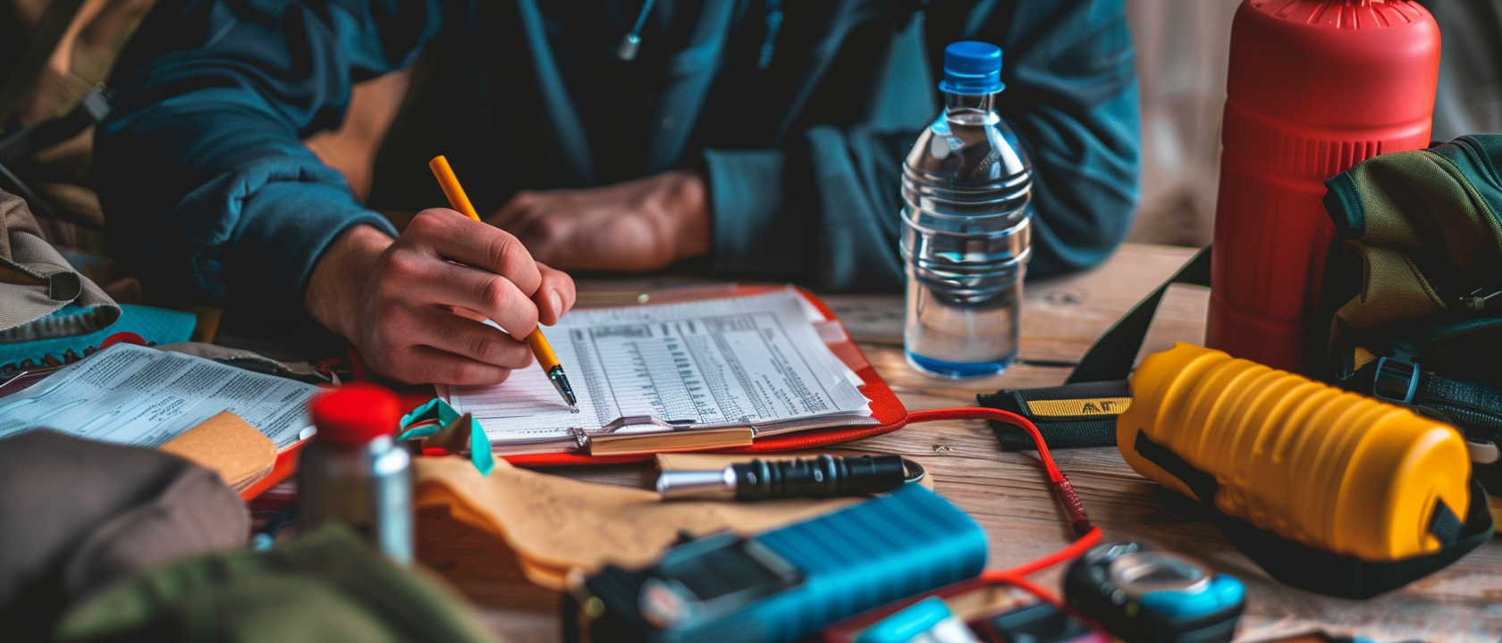 Person at desk with preparedness checklist and basic gear