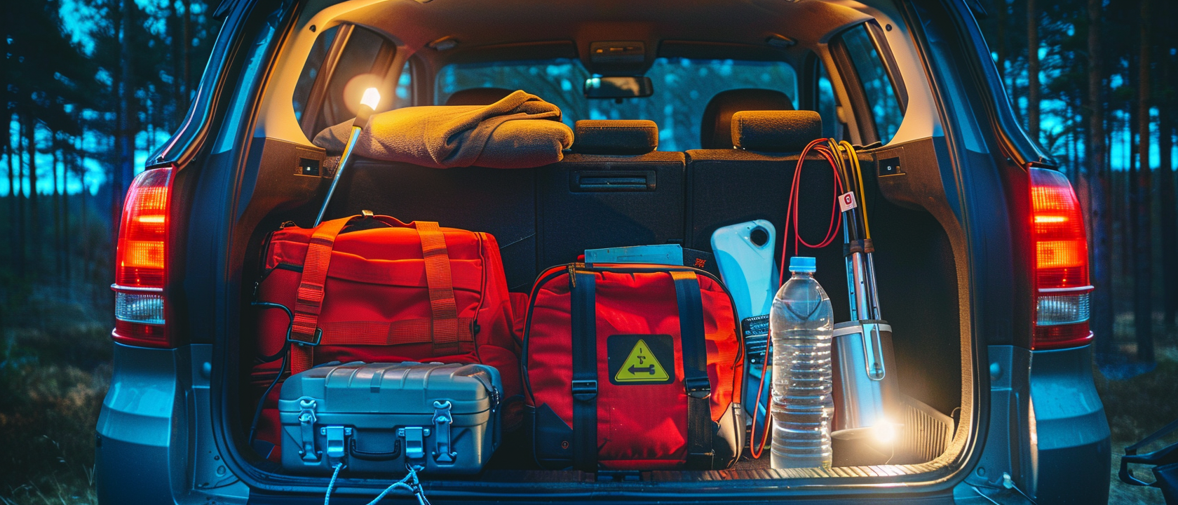 Car emergency kit in open trunk