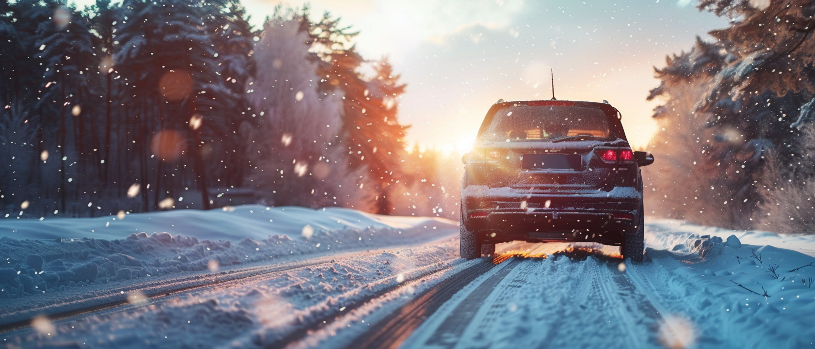 Car with winter emergency kit in snowy conditions